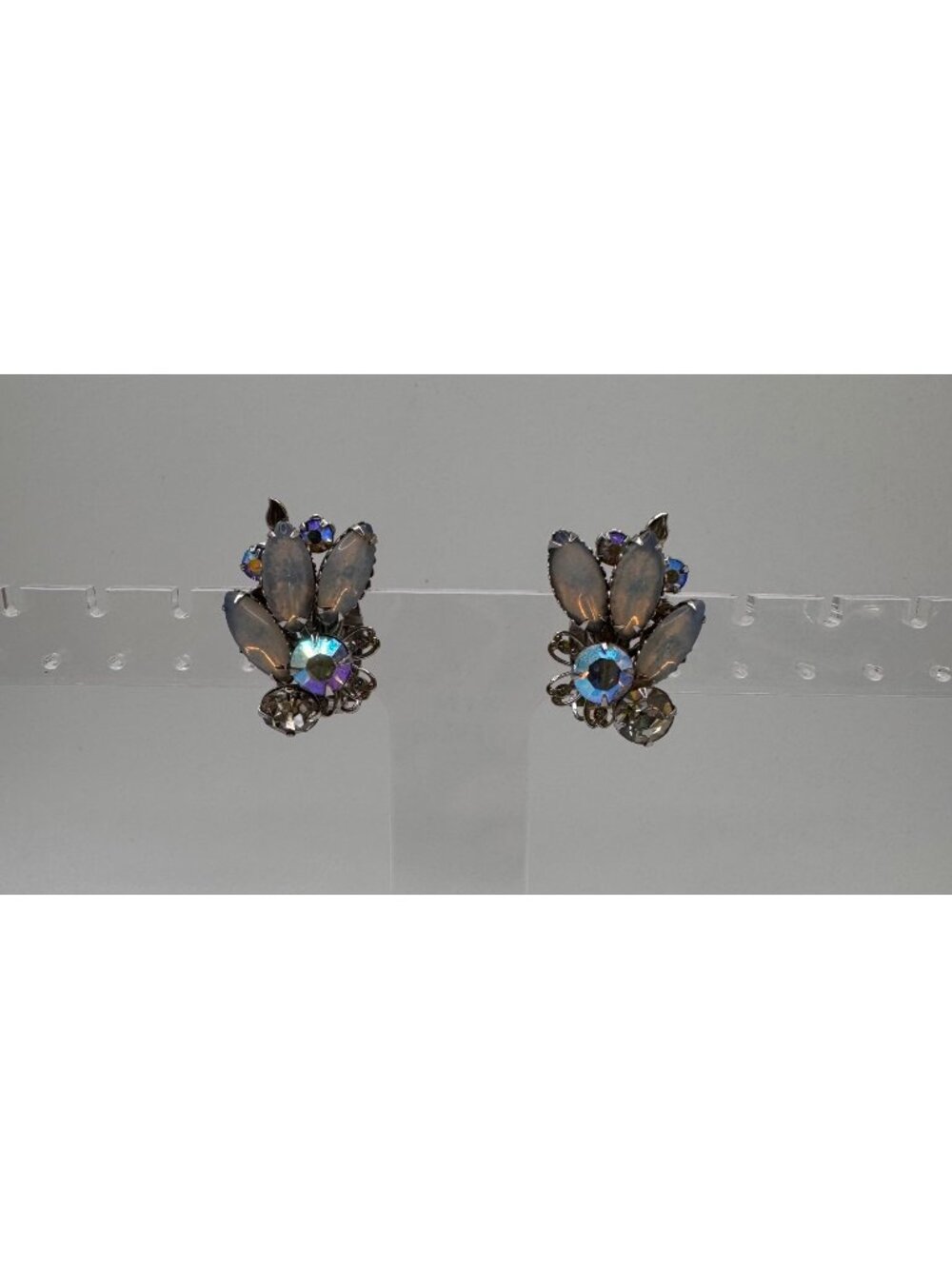 Vintage Opalite AB Rhinestone Floral Spray Clip On Earrings Silver Tone